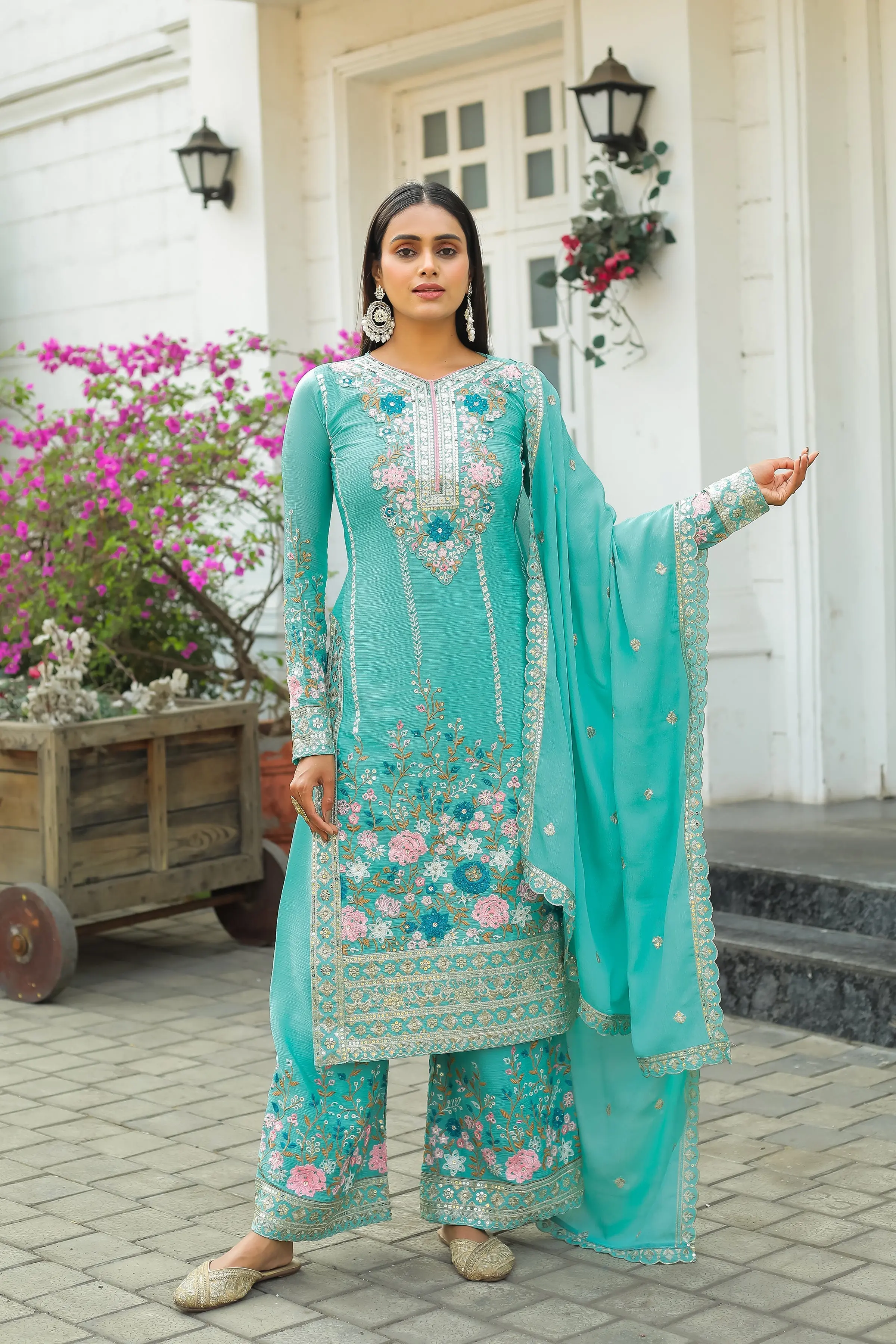 Darshi-PD-Designer Party Wear Pur Chinon Silk Top Plazzo & Dupatta Set - Jaipur Blossom - Image 3