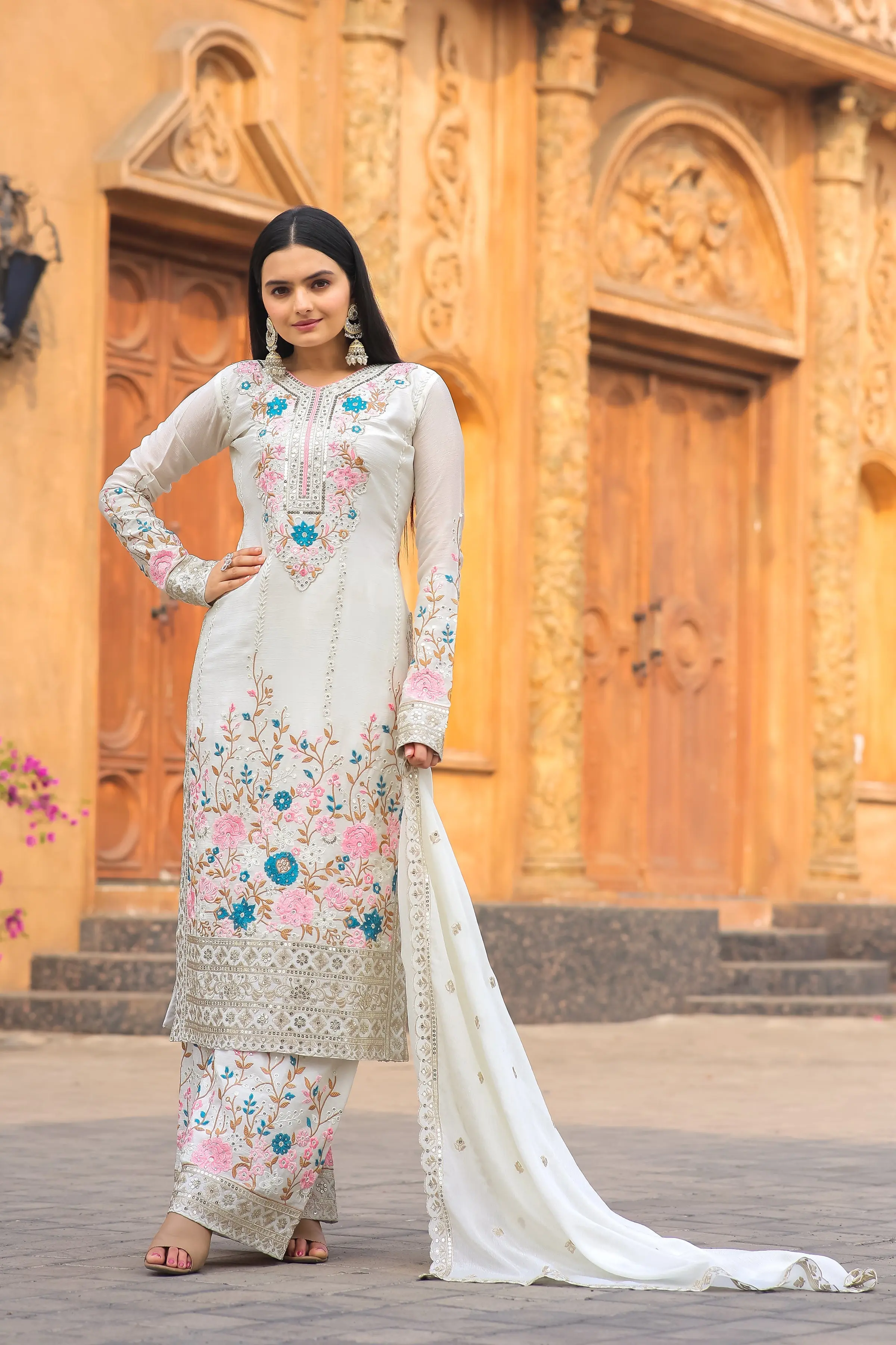 Darshi-PD-Designer Party Wear Pur Chinon Silk Top Plazzo & Dupatta Set - Jaipur Blossom - Image 4