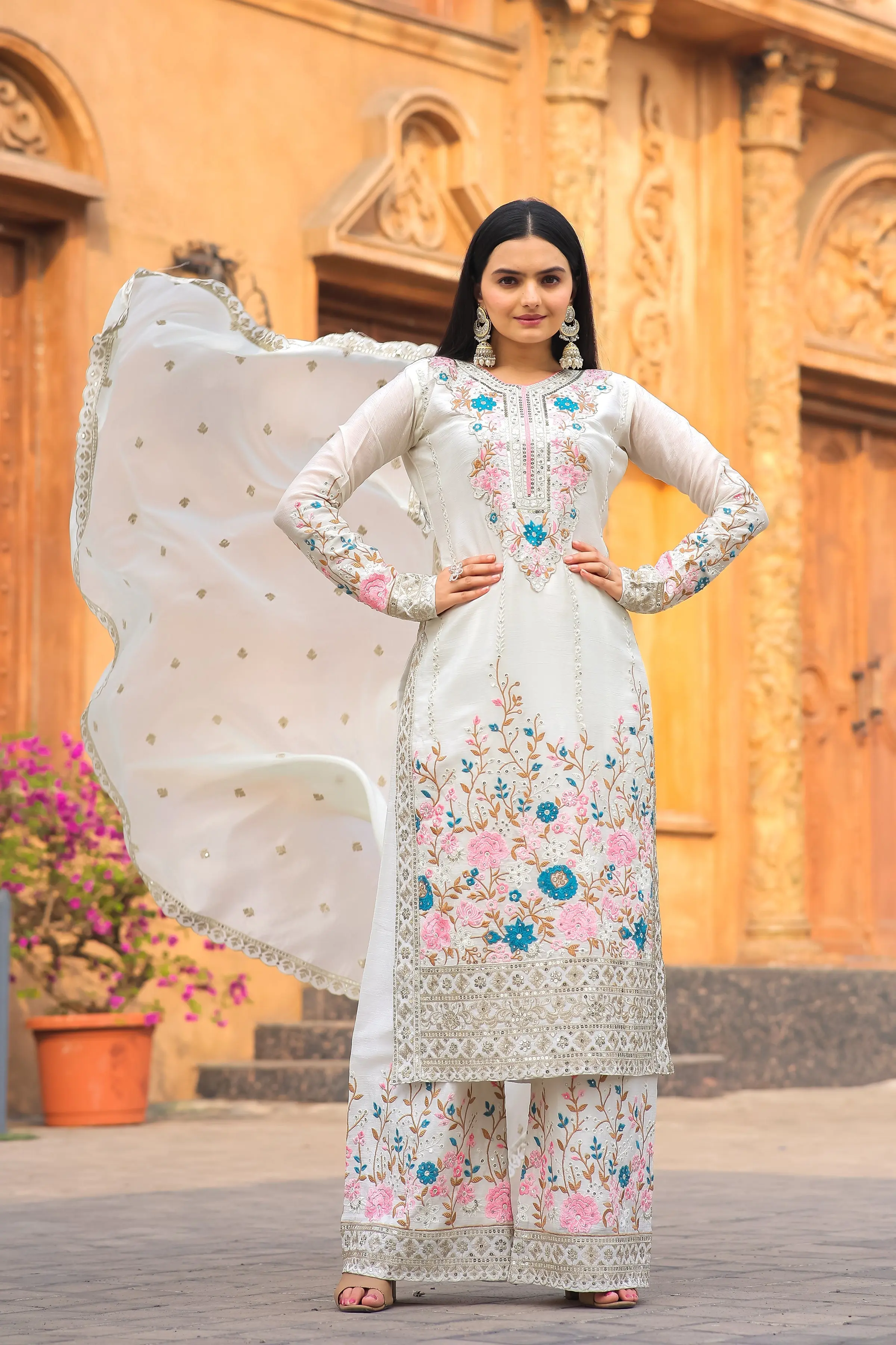 Darshi-PD-Designer Party Wear Pur Chinon Silk Top Plazzo & Dupatta Set - Jaipur Blossom - Image 5